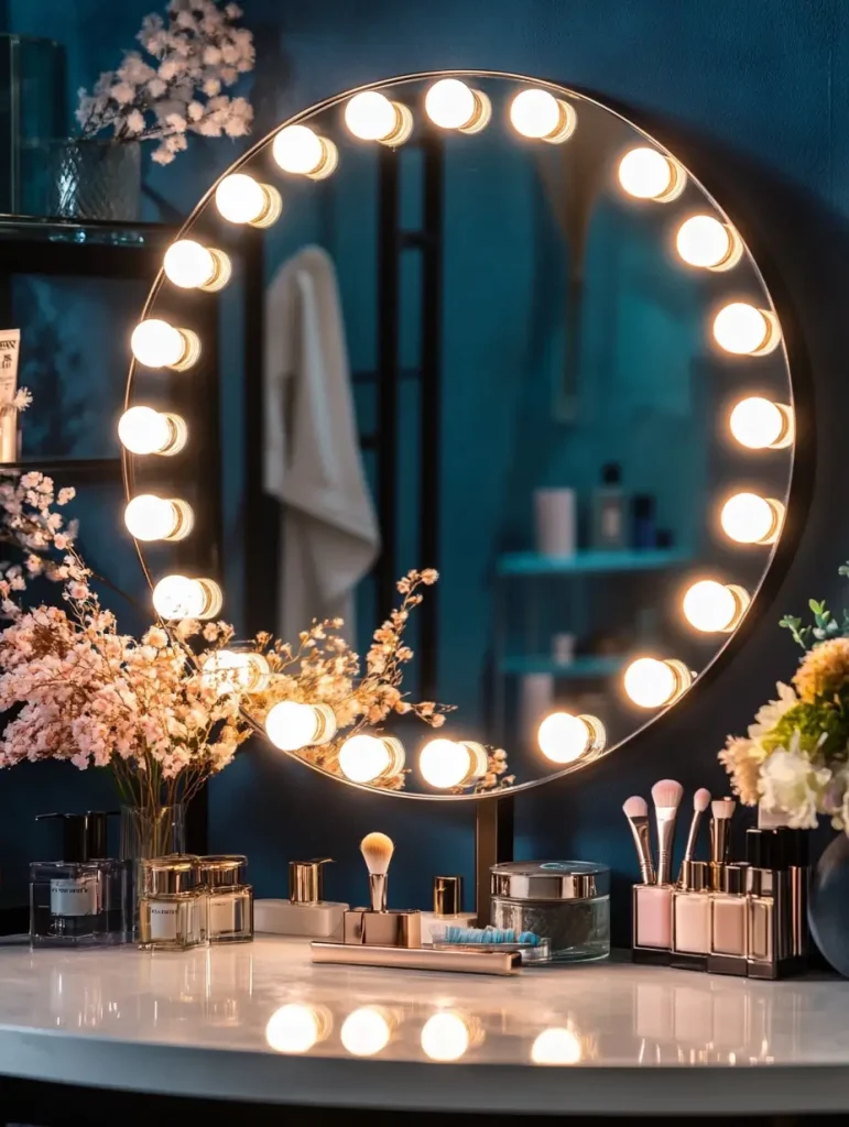 Round vanity mirror with Hollywood lights surrounded by makeup brushes, perfumes, and flowers.