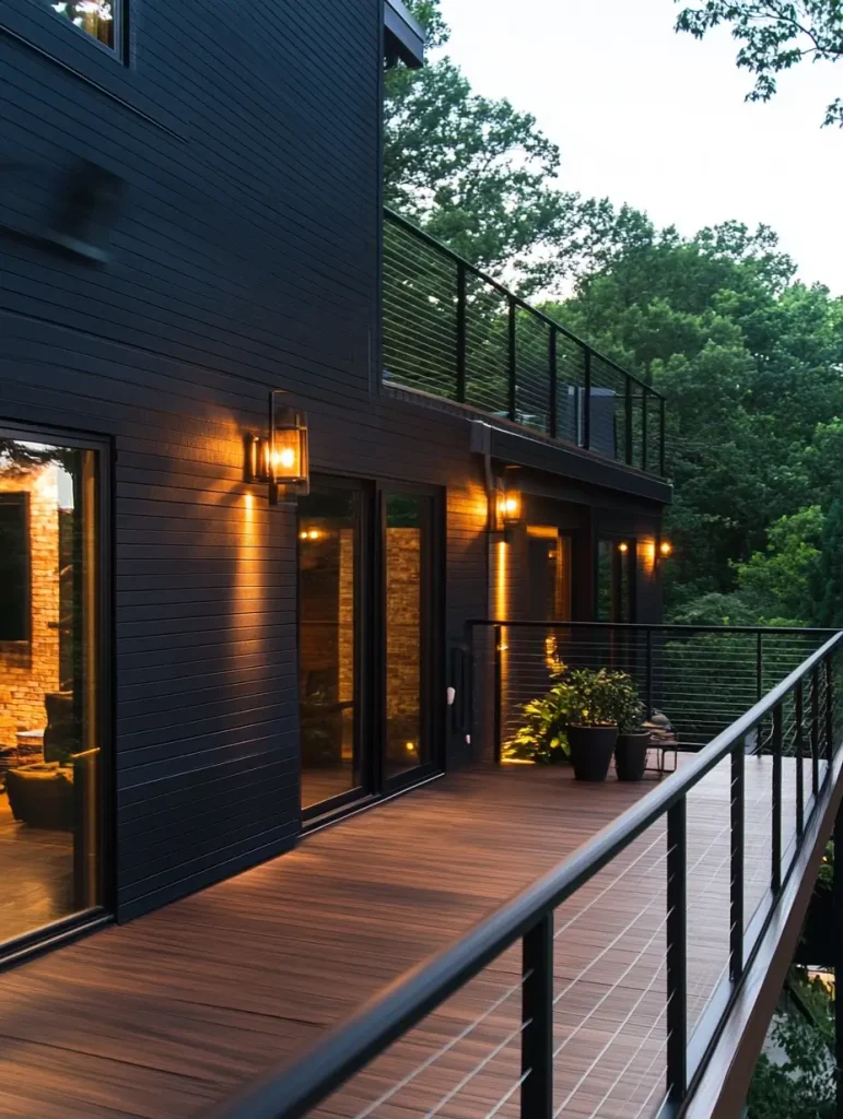 Modern home exterior with black cable railing and warm lighting on a wood deck.