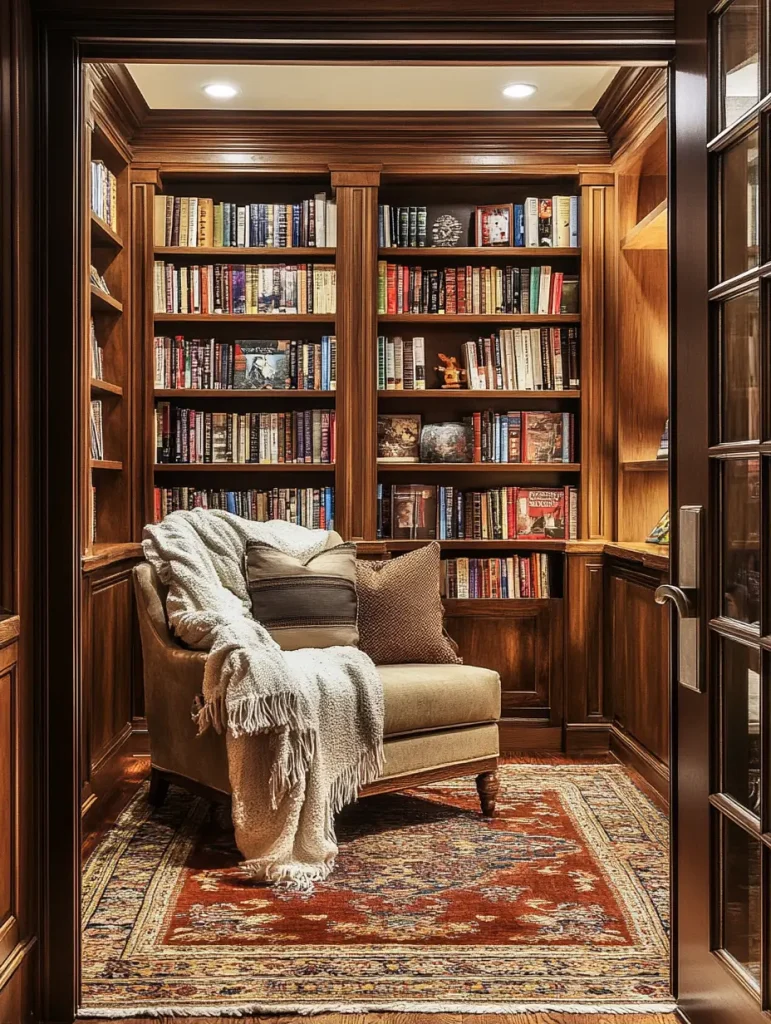 Traditional reading nook with built-in wooden bookshelves, a cozy armchair, and a patterned rug.
