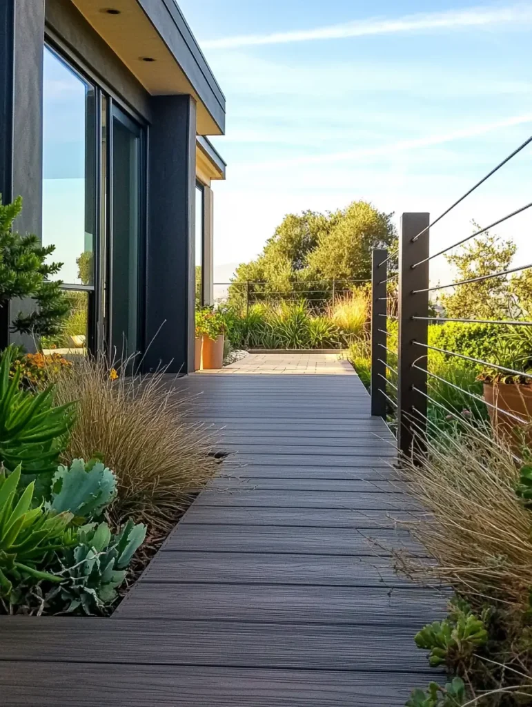Modern walkway with composite decking and black cable railing surrounded by low-maintenance landscaping.