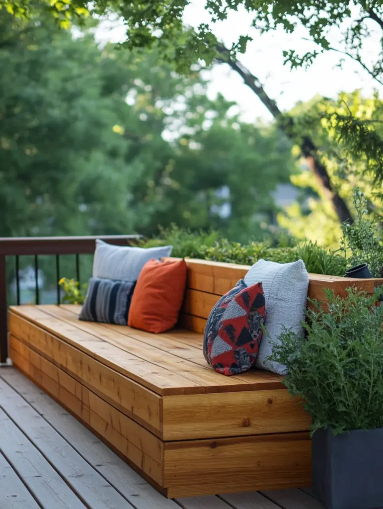 Modern wooden built-in bench with colorful pillows on a patio surrounded by greenery.