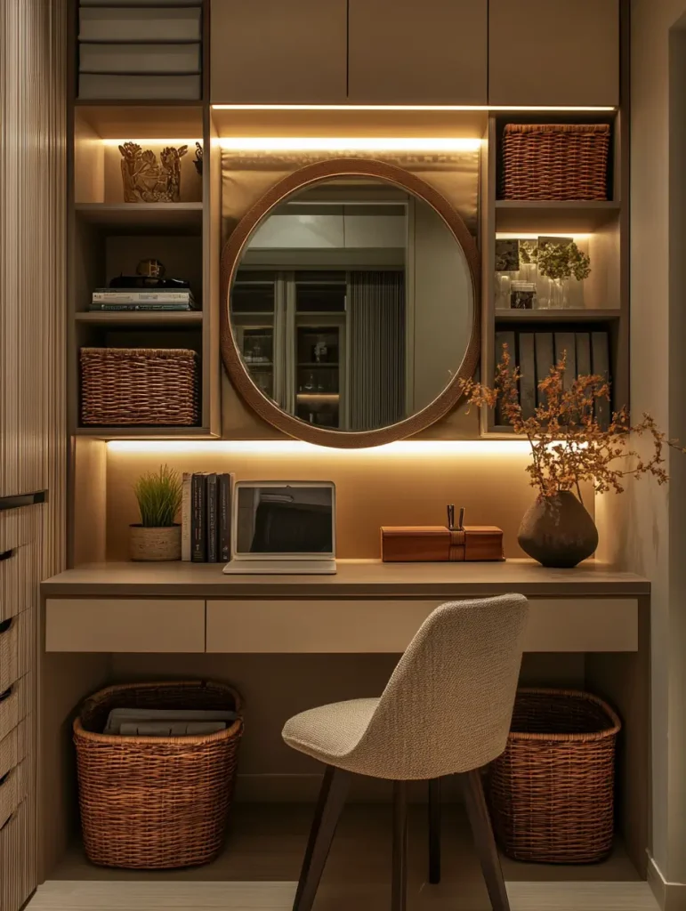 Modern vanity with built-in shelves, warm lighting, round mirror, and wicker storage baskets.