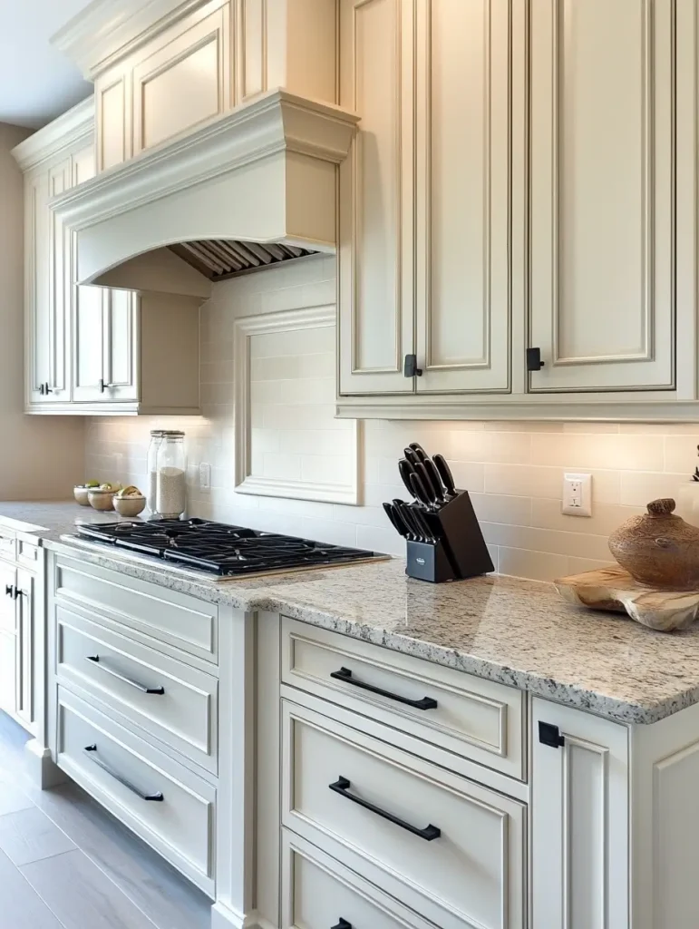 Classic kitchen with elegant cream cabinetry and matte black cabinet hardware.