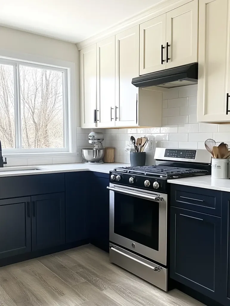 Two-tone kitchen cabinets with navy lowers and cream uppers in a modern kitchen makeover.