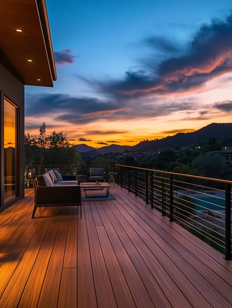 Modern deck with horizontal cable railing and sunset mountain view.