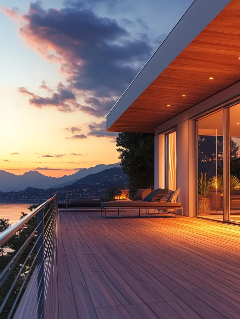 Modern deck with cable railing overlooking a sunset lake and mountain view.