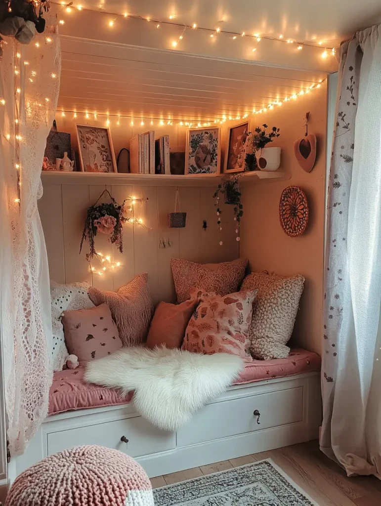 Cozy closet reading nook with soft pink cushions, fairy lights, and decorative wall art.