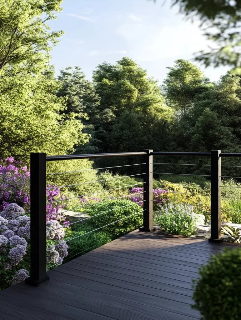 Deck with corner cable railings offering seamless transitions and scenic garden views.