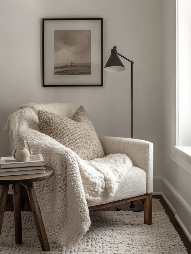 Cozy corner reading nook with a white armchair, textured throw blanket, neutral pillow, and floor lamp.