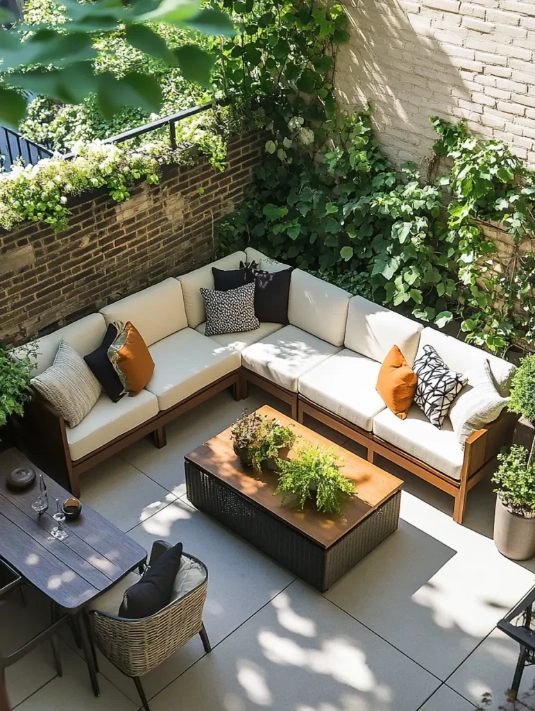 Modern outdoor patio with a beige corner sectional sofa surrounded by lush greenery and a wooden coffee table.