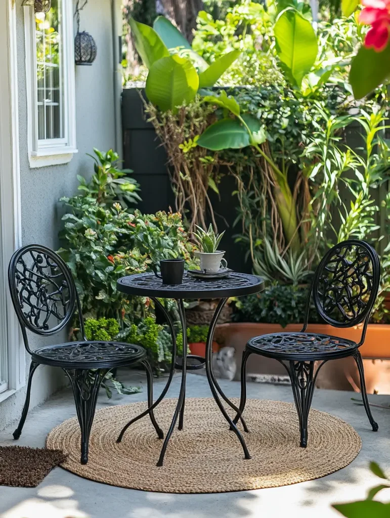 Outdoor bistro set with black wrought iron table and chairs on a small patio surrounded by tropical plants.