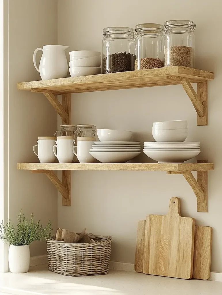 Open wood shelving in a neutral kitchen displaying white dishes, mugs, glass jars, and cutting boards for decorative storage.