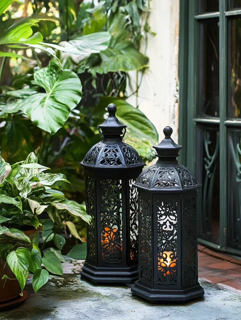 Two ornate black lanterns with glowing candles placed in a lush garden corner.
