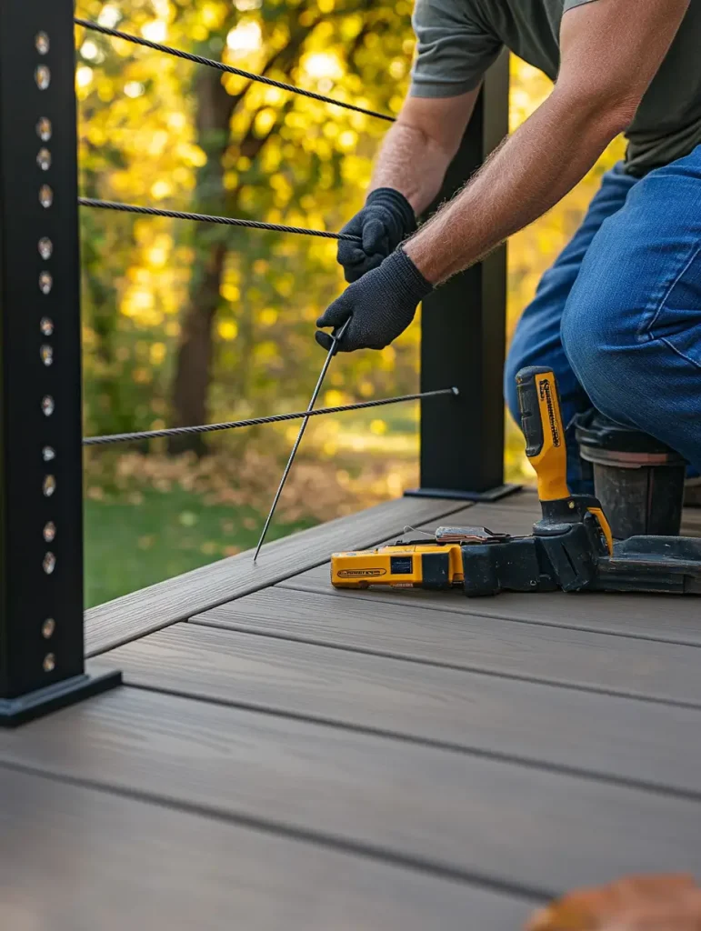 Person installing a horizontal DIY cable railing system on a composite deck.
