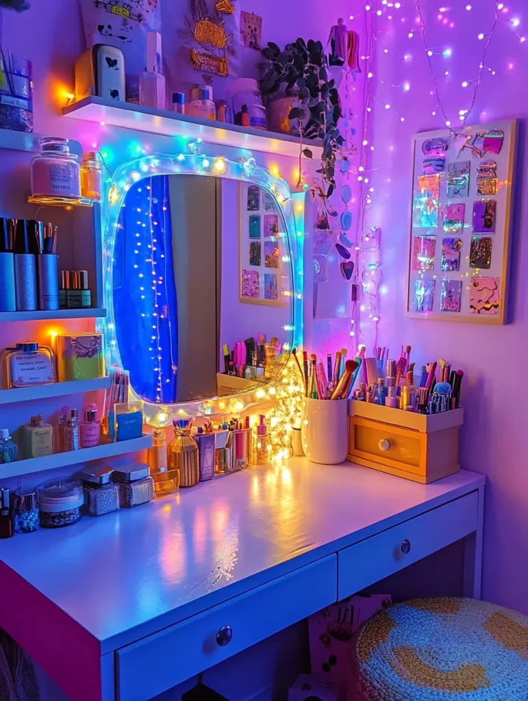 Colorful DIY vanity setup with rainbow LED lights, makeup organizers, and wall decor.
