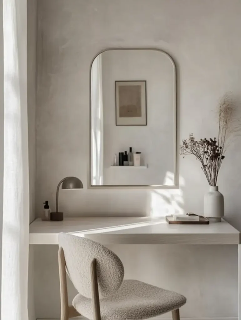 Minimalist floating vanity with arched mirror, neutral palette, and soft textured chair.