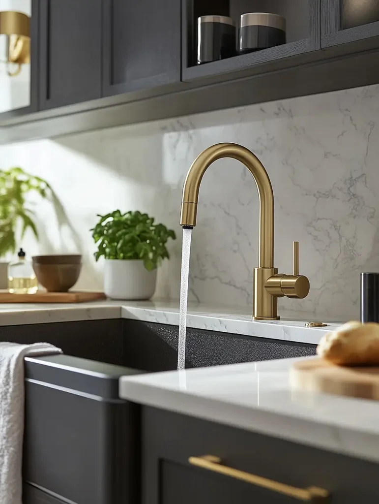 Brushed gold kitchen faucet running over a deep black farmhouse sink with marble countertops and backsplash.