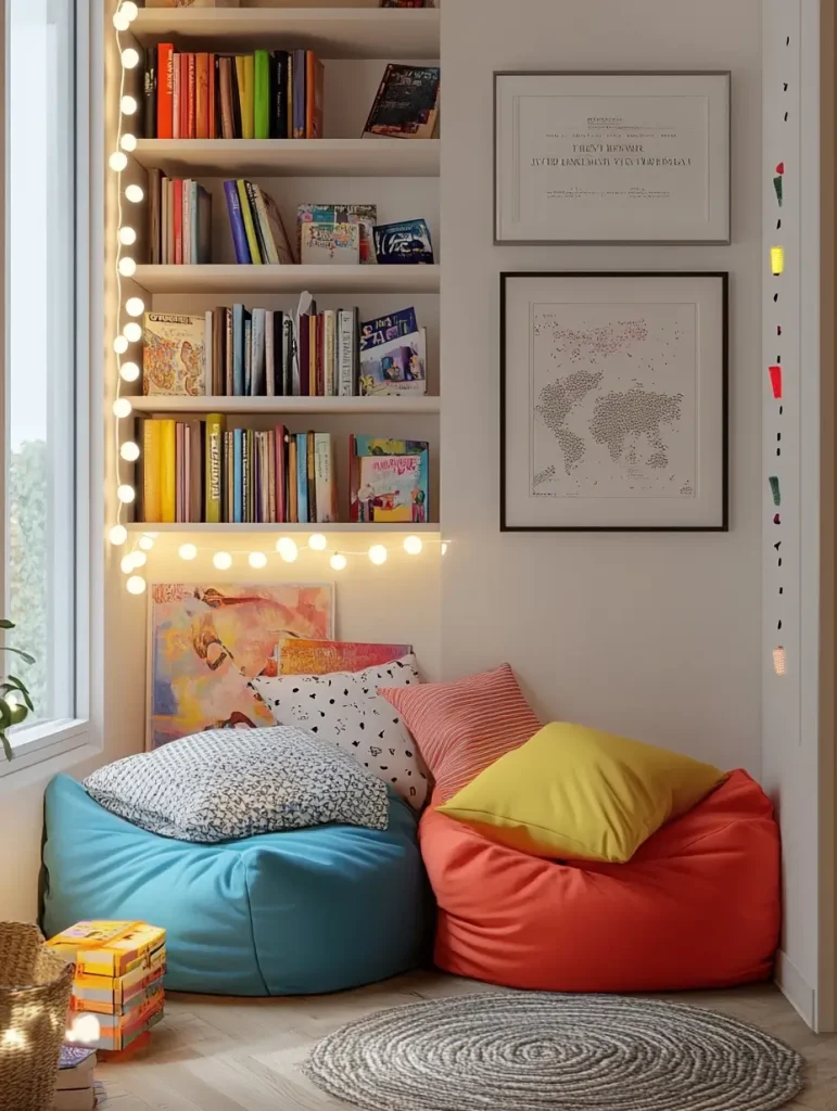 Cozy reading nook with colorful bean bags, floating bookshelves, and string lights.