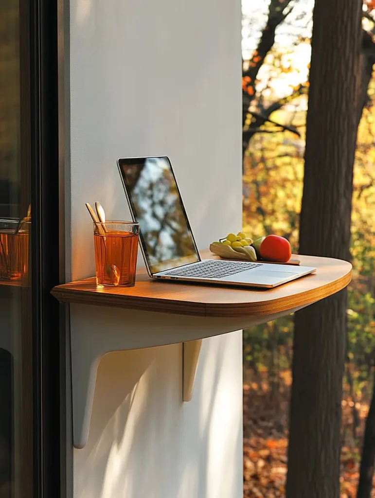 Wall-mounted fold-down table holding a laptop, tea, and fruit on a small outdoor balcony.