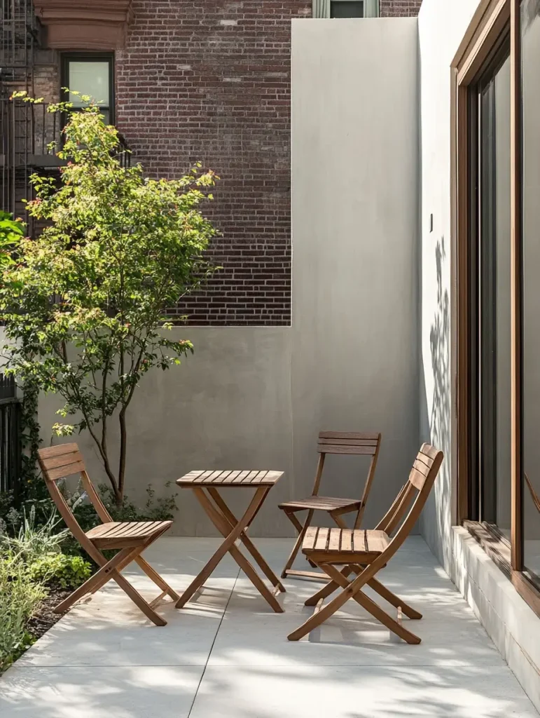 Minimalist patio with wooden foldable chairs and a matching table against a brick and concrete wall.