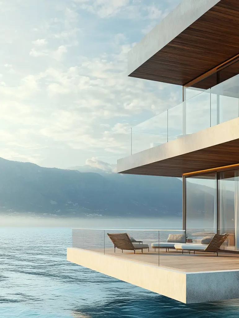 Modern waterfront balcony with frameless glass railing and contemporary lounge furniture.