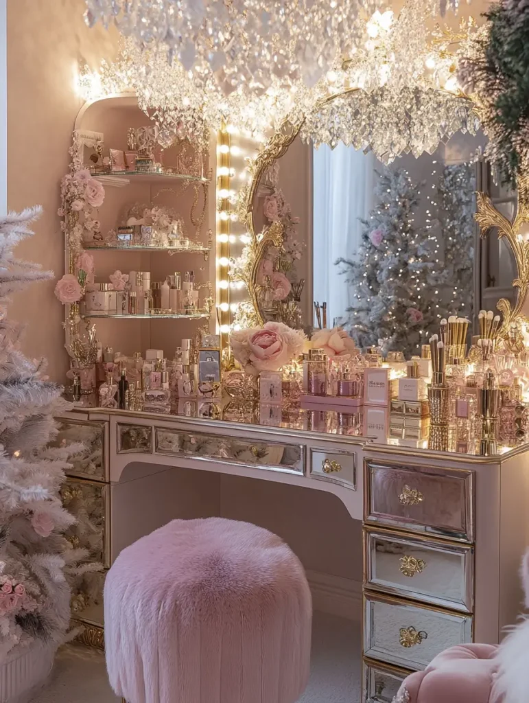 Luxurious glam vanity room with Hollywood mirror lighting, mirrored vanity table, gold accents, and plush pink stool.