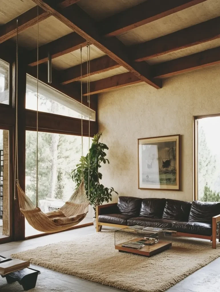 Modern living room with a hanging hammock chair, leather sofa, and large windows bringing in natural light.