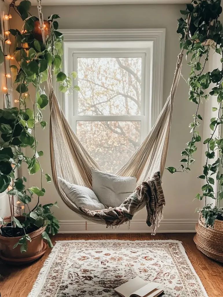 Cozy hammock chair reading nook with string lights and indoor plants.