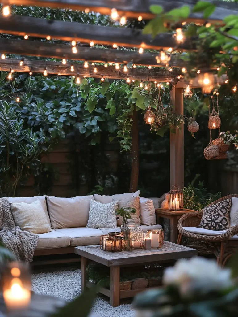 Outdoor patio with cozy seating, wooden pergola, and glowing string lights for ambiance.