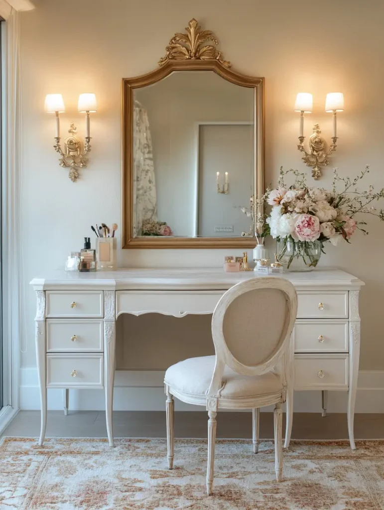 Elegant vanity table with ornate mirror, wall sconces, and fresh flower arrangement.