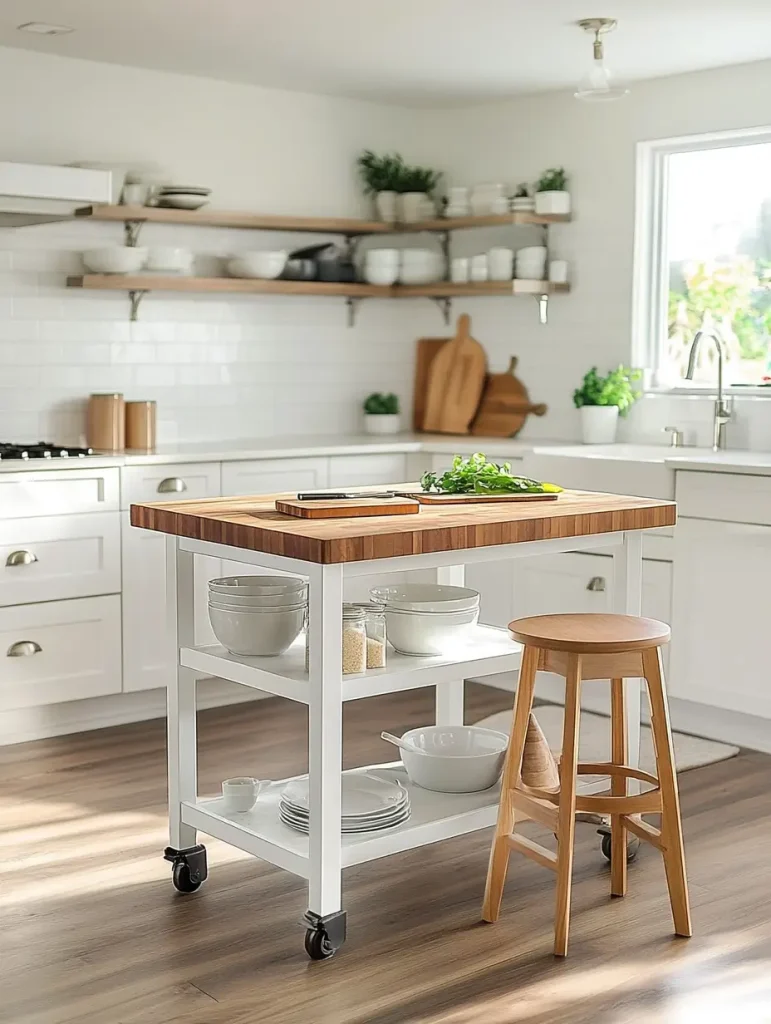 Bright kitchen with a portable white island cart featuring a butcher block top, open shelves with bowls and plates, and a wooden stool beside it.