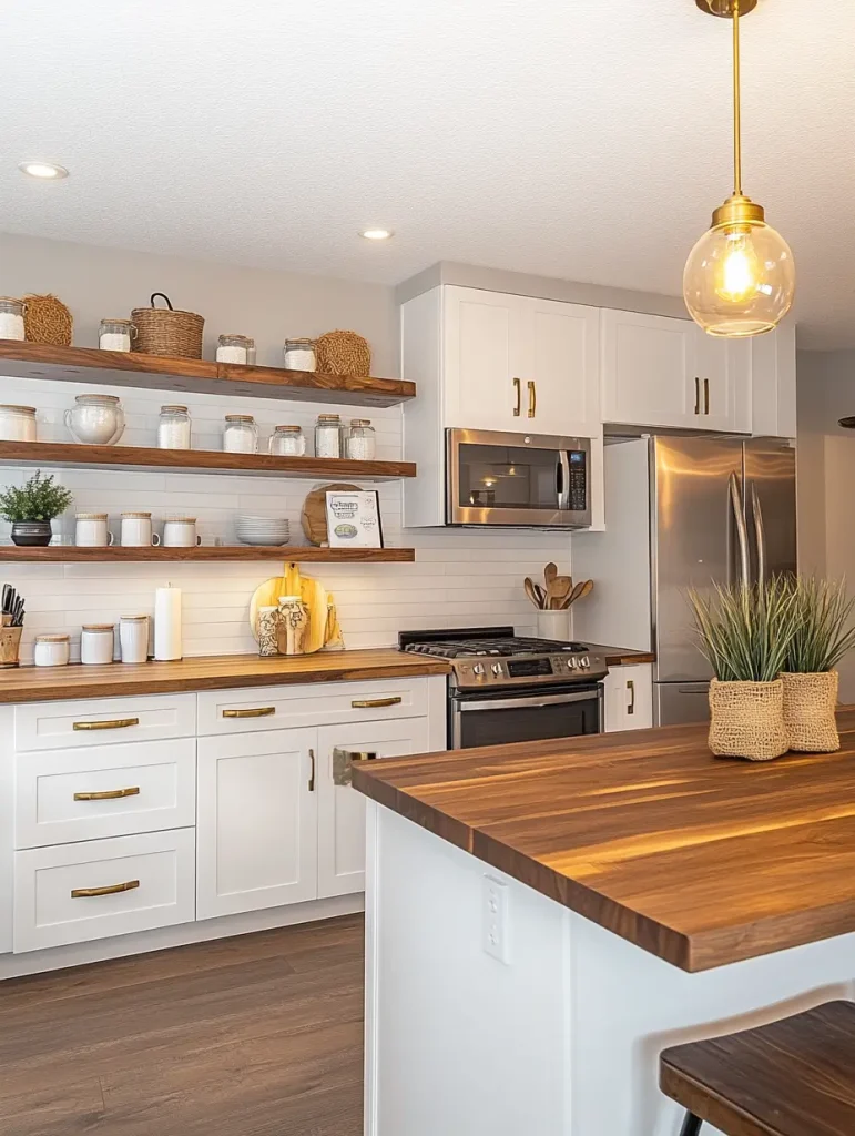 Modern kitchen with white cabinets, wood countertops, open wooden shelves, and gold hardware.