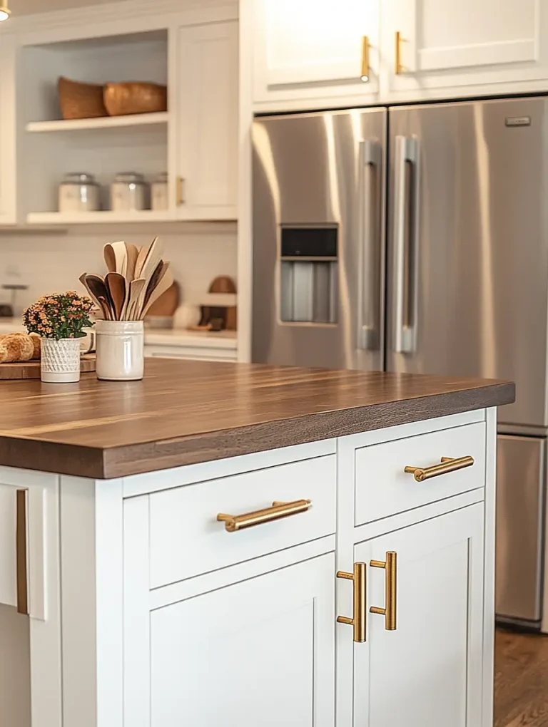 Modern kitchen with white cabinets, gold hardware, wood countertop, and stainless steel refrigerator.