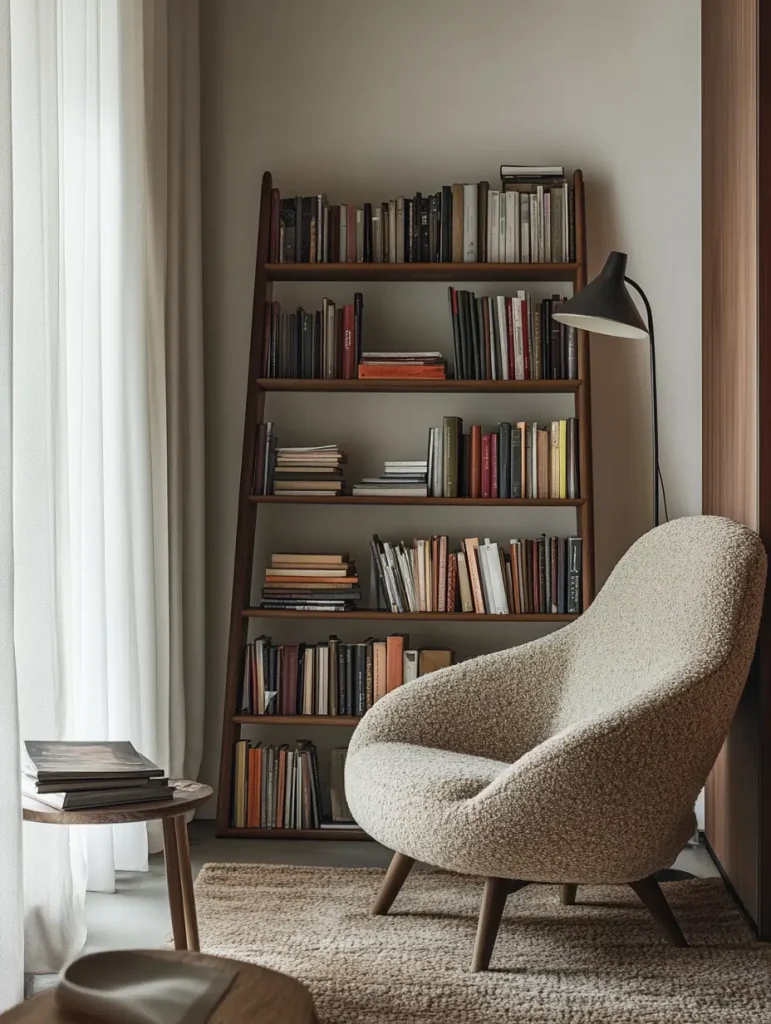 Minimalist reading nook with a ladder bookshelf, boucle armchair, and floor lamp in natural light.