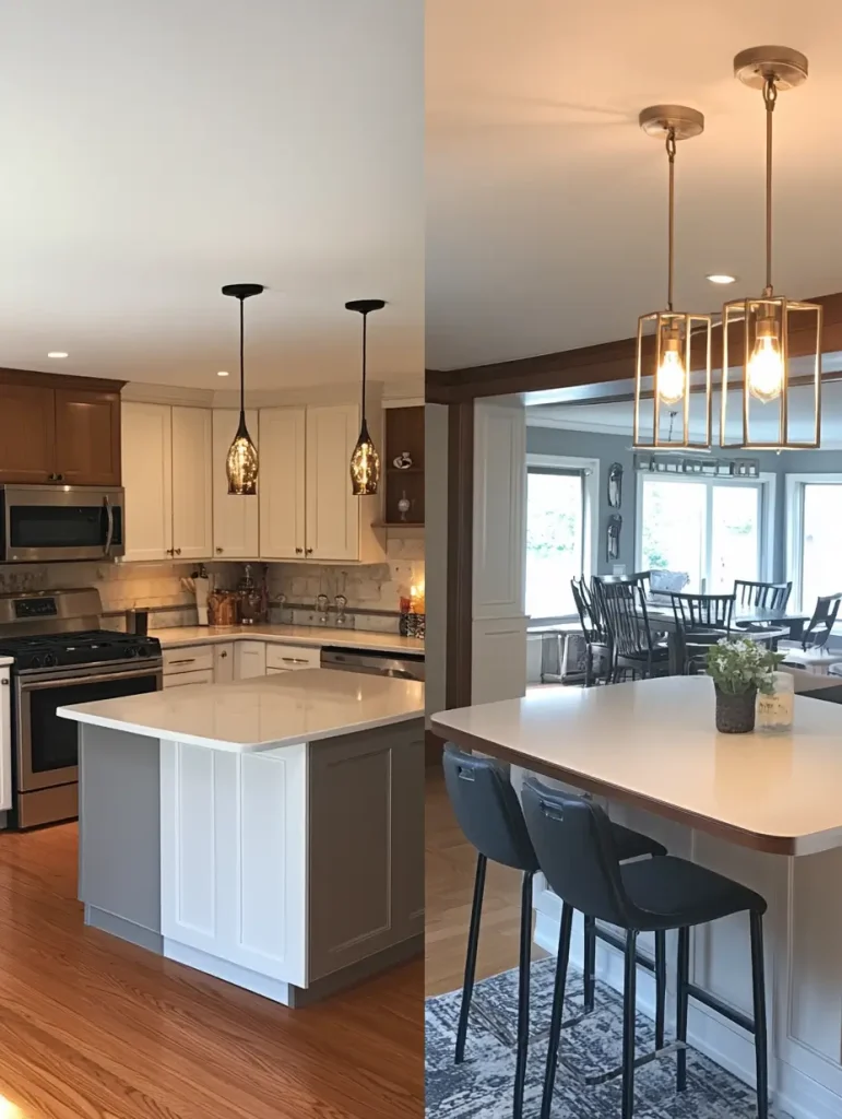 Side-by-side view of kitchen pendant lighting before and after fixture updates.