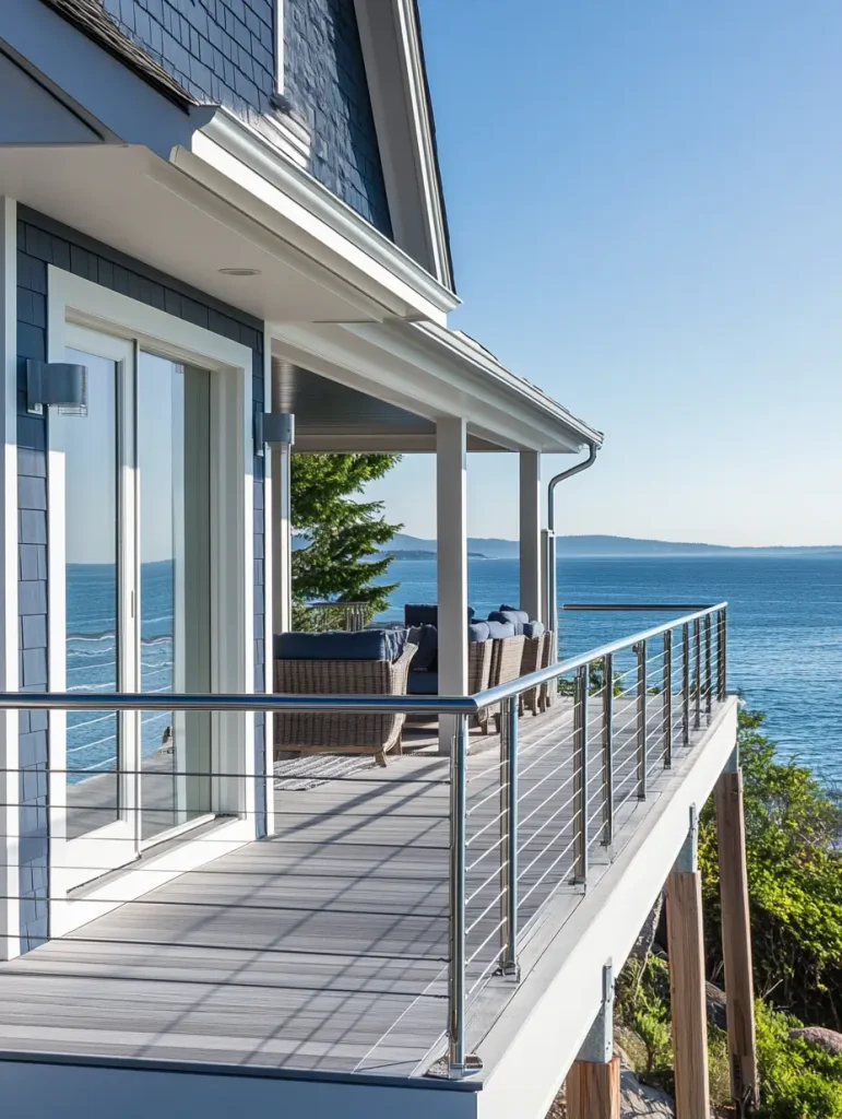 Coastal deck with marine-grade stainless steel cable railing overlooking the ocean.
