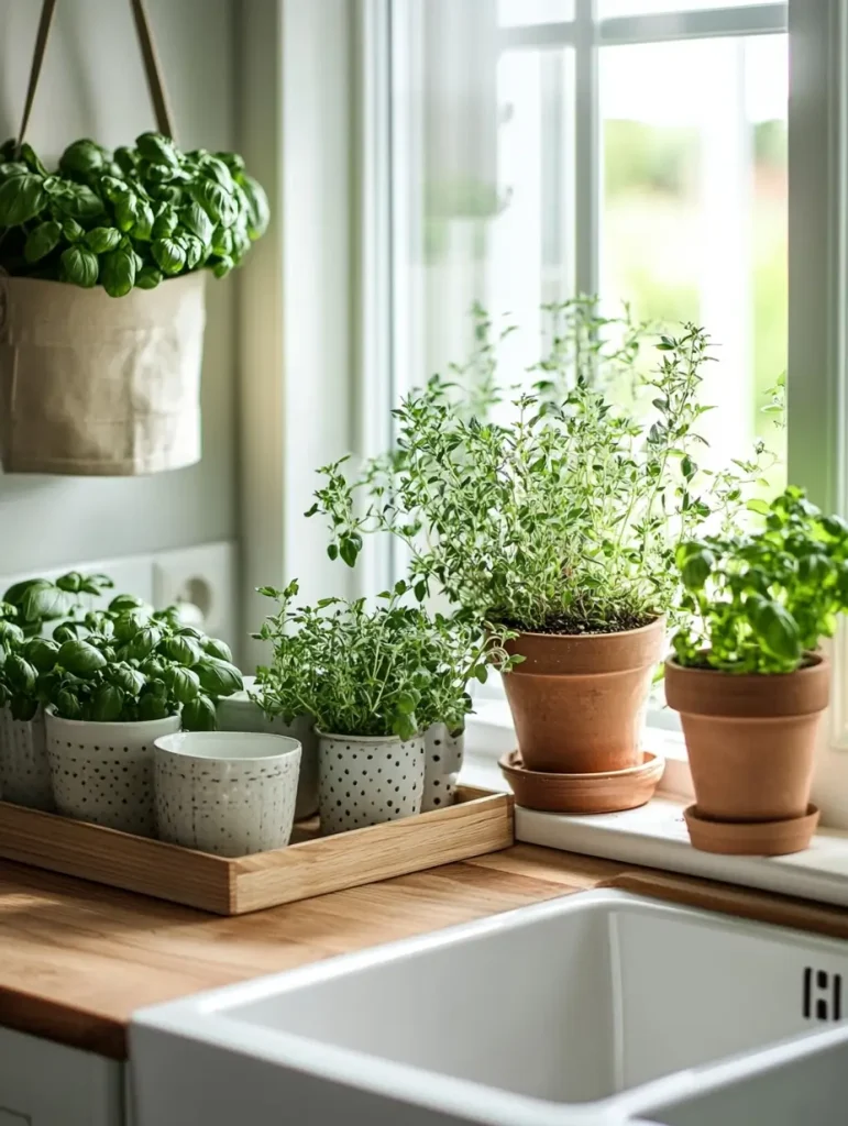 Potted herbs like basil and thyme on a windowsill and countertop tray in a bright kitchen with a wood countertop and white sink.