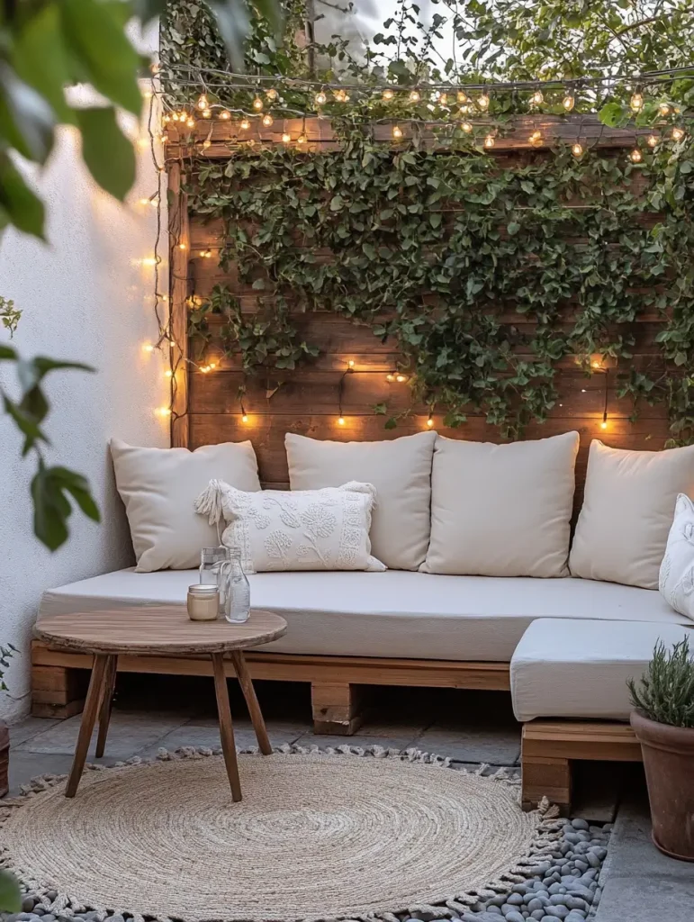 Cozy small patio with a wooden loveseat, string lights, and a round jute rug.