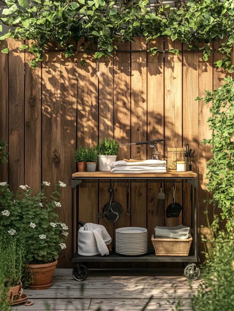 Mini outdoor utility cart set against a wooden fence with potted plants and kitchen essentials arranged neatly.