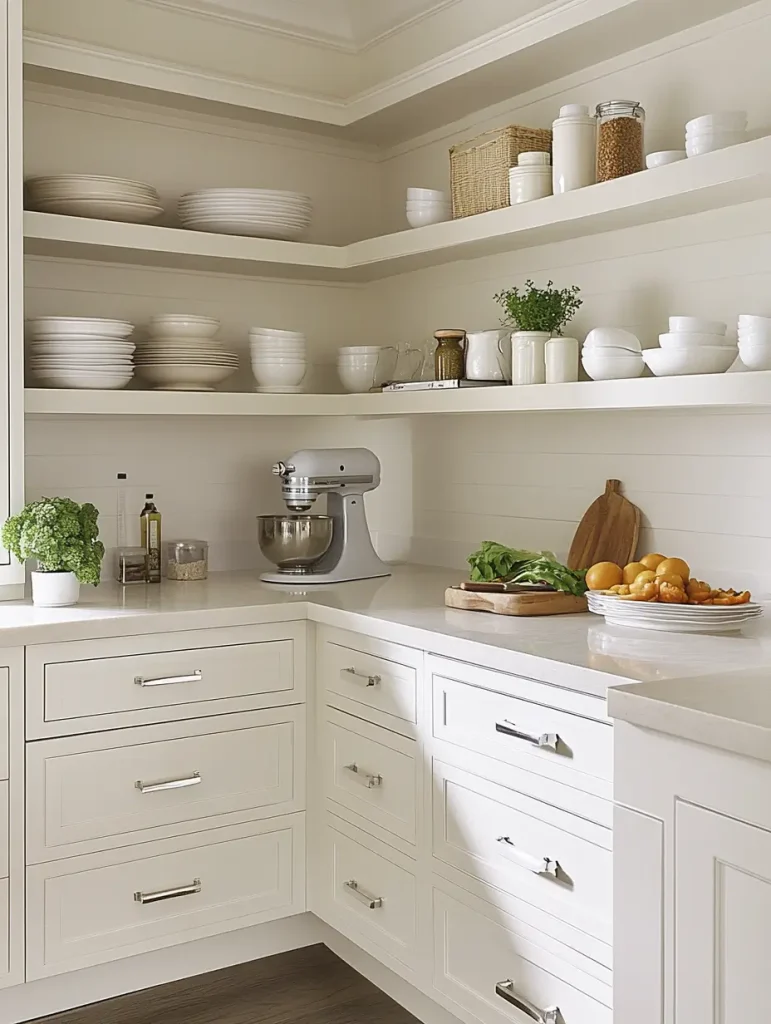 Minimalist kitchen with clean white cabinets, organized open shelving, and a clutter-free countertop with a stand mixer and fresh produce.