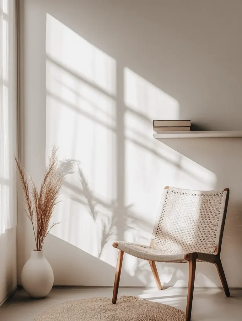 Minimalist reading nook with a woven chair, sunlight casting shadows, and simple decor.