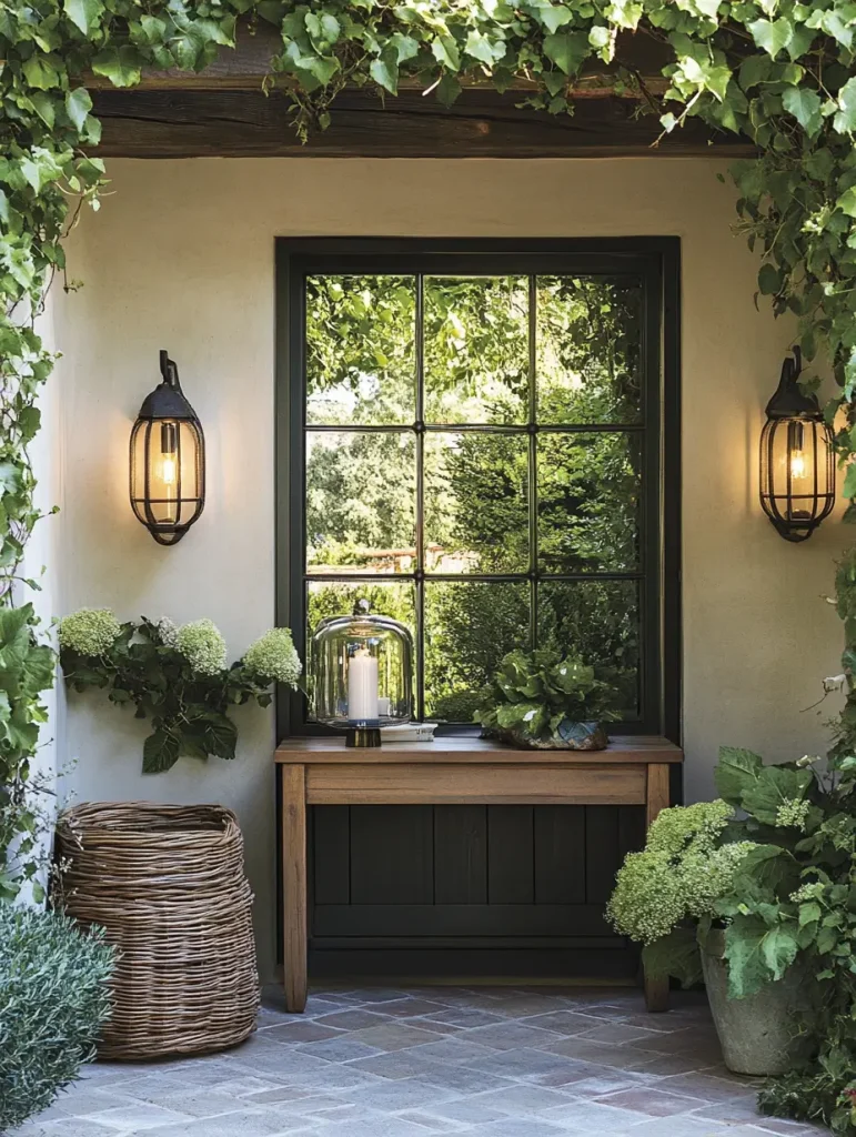 Outdoor entryway with a large mirror framed like a window, surrounded by greenery and soft lighting.