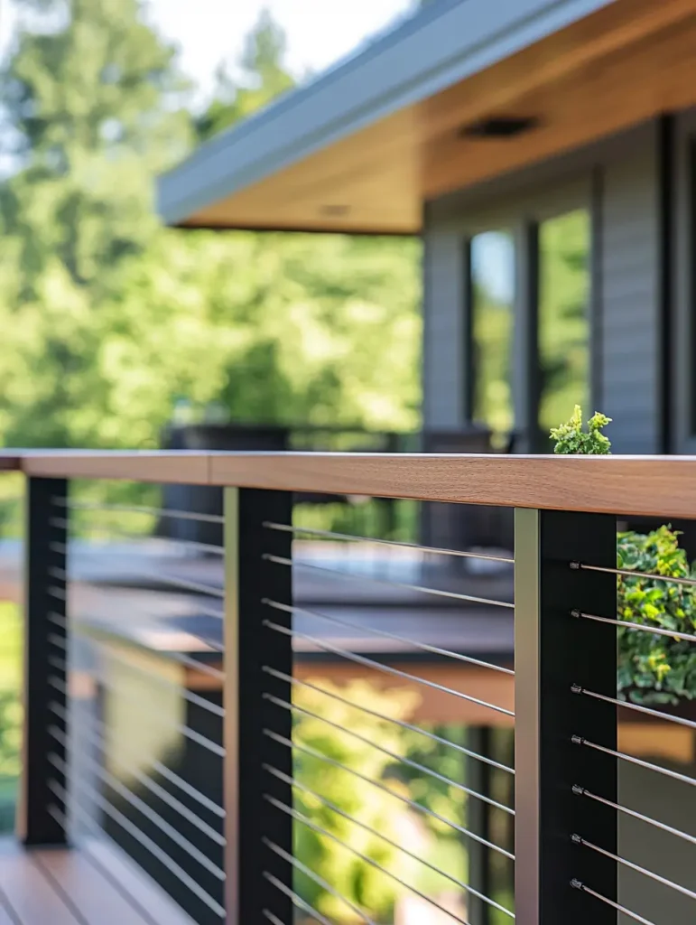 Close-up of mixed-material cable railing with wood top rail and black metal posts.