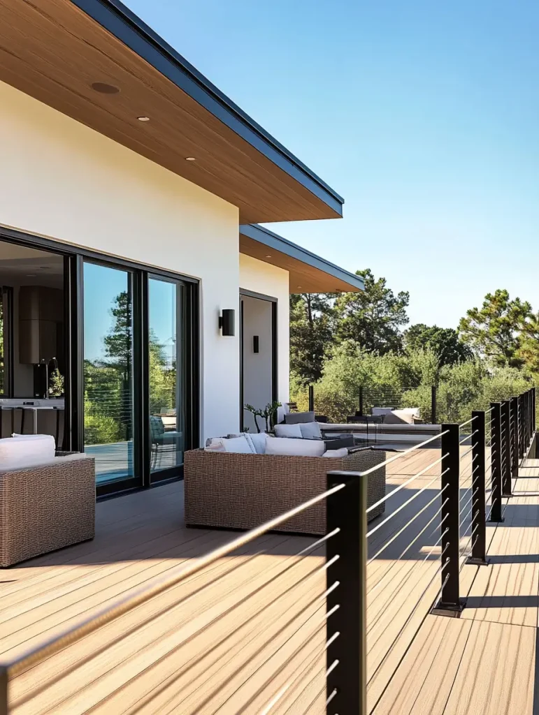 Modern minimalist deck with horizontal cable railing and wicker lounge seating.
