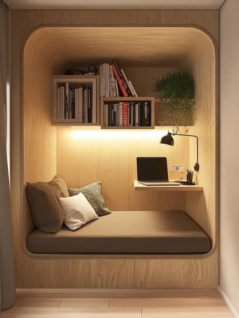 Modern modular reading nook with built-in bookshelves, desk, and cozy bench.