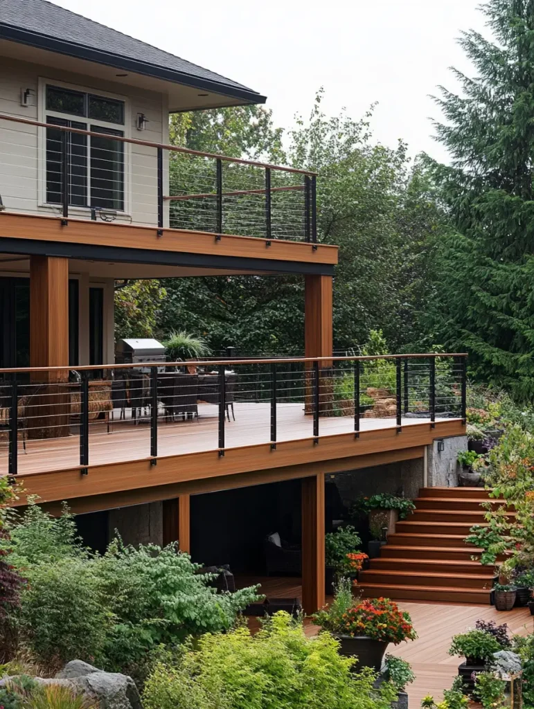 Multi-level deck with horizontal cable railings and lush landscaping.