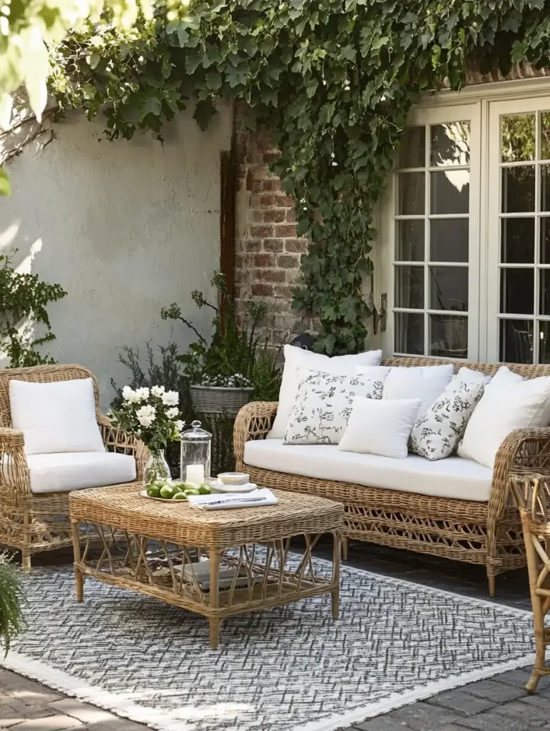 Outdoor wicker patio furniture set with a coffee table and white cushions in a cozy garden setting.