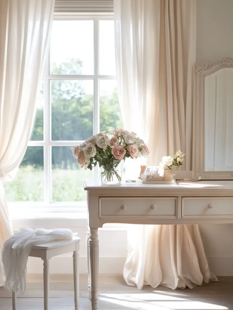 Bright white vanity table with fresh roses placed by a large sunlit window and sheer curtains.