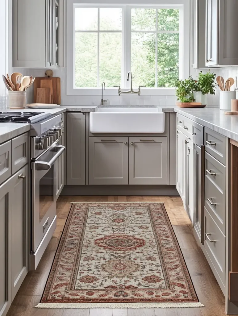 Traditional-style runner rug with warm red and beige tones placed on a wooden kitchen floor between soft gray cabinets.