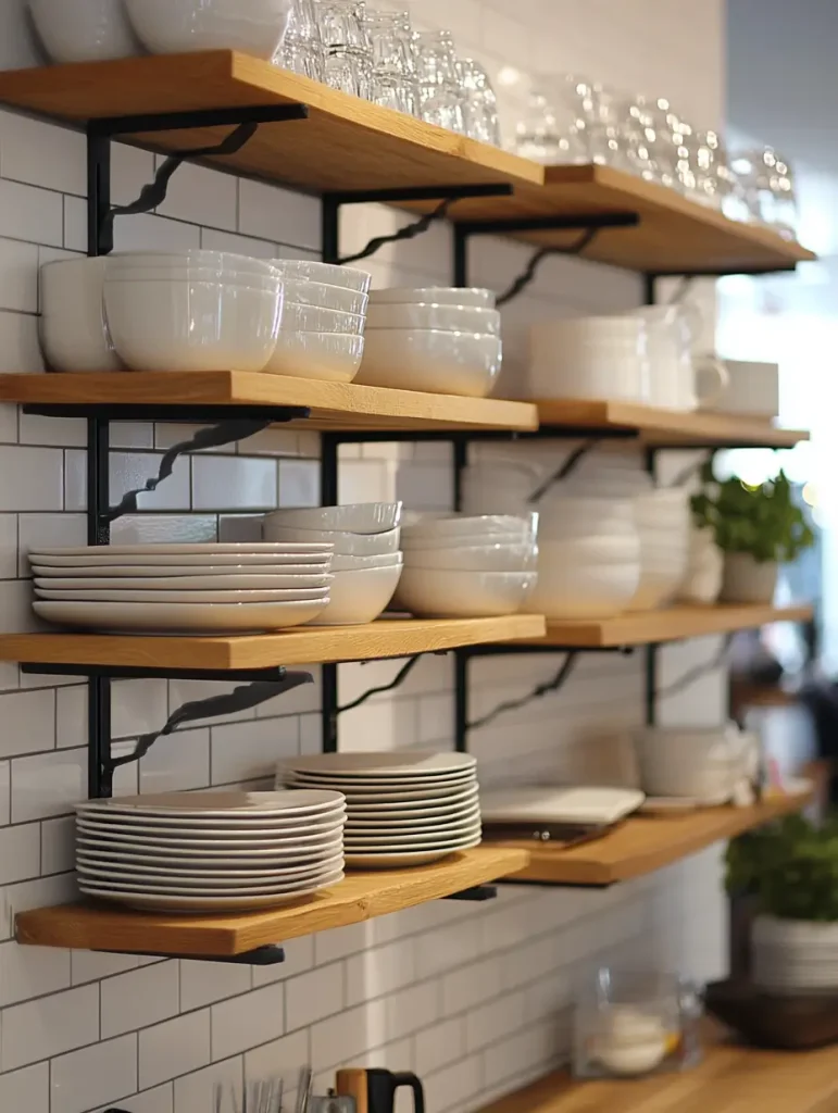 Modern open shelving with wooden shelves and black brackets displaying neatly stacked white dishes and glassware against a white subway tile wall.